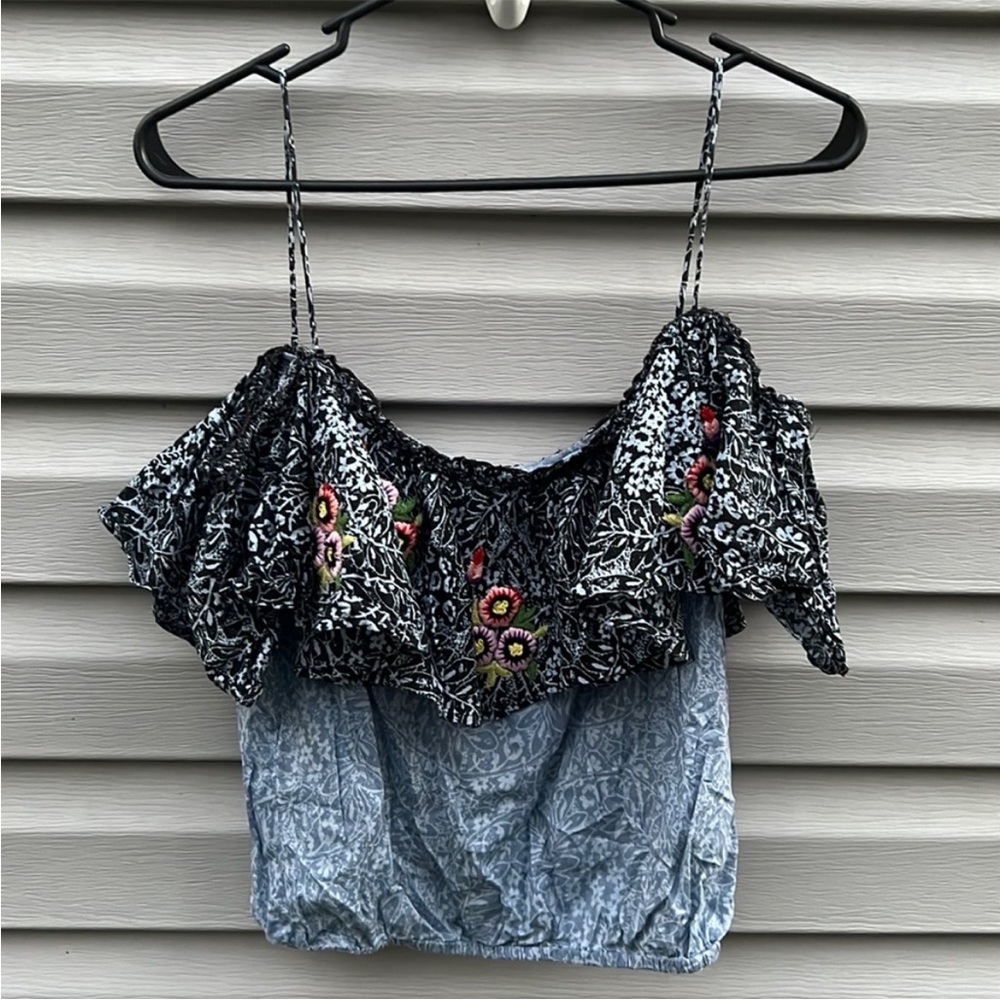 Piper by Townsen Boho Ruffle Embroidered Flower Off the Shoulder Tank Blue XS